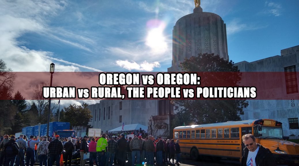 Oregon vs Oregon rural vs urban people vs politicians. Timber Unity on the steps of the Capitol Building in Salem, Oregon