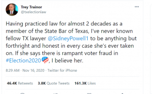 Trey Trainor says if Sydney Powell says there is rampant voter fraud, I believe her