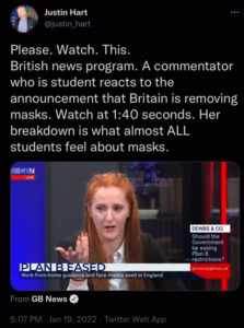 Heartbreaking! Teenage girl on British news program reacts to the end of the British school mask mandates. 