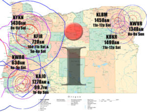 Map showing the radio stations broadcast areas and air time for the I Spy Radio Show.